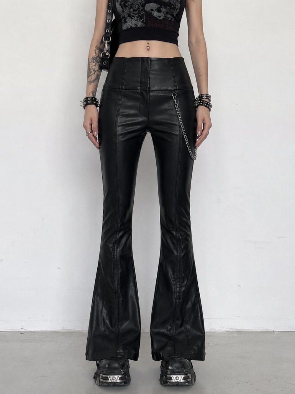 Nocturne Flare Pants Faux Leather Black Small Bell Bottoms Emo Grunge Whimsigoth